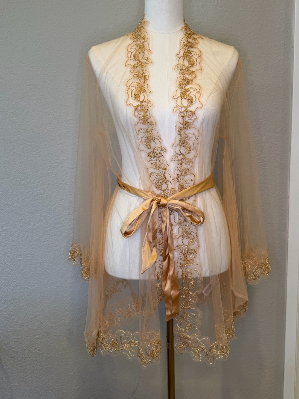 Agent Provocateur Rare Gold Embroidered Sheer Tulle Kimono Robe S/M